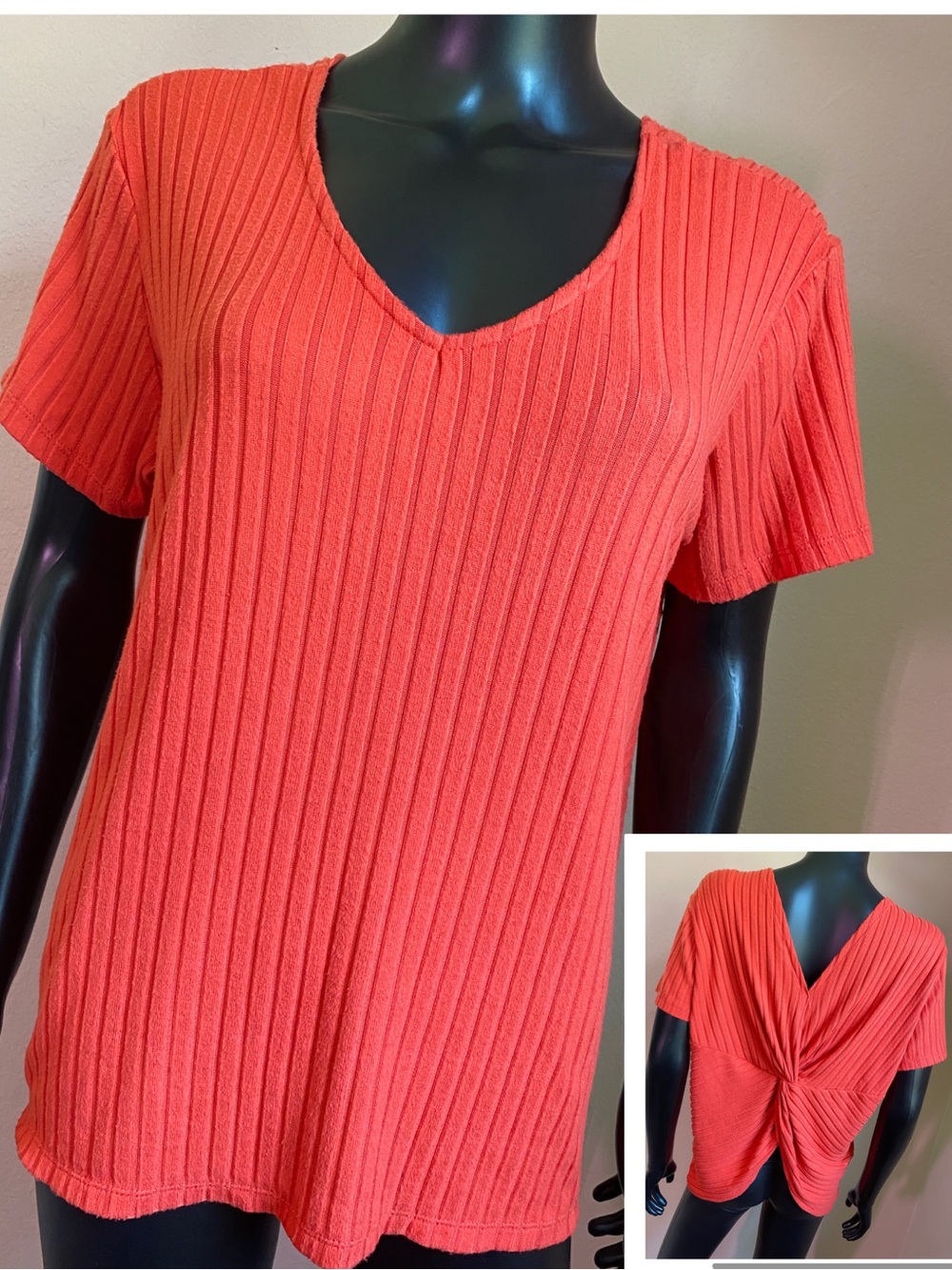 White Crow Orange Twist Back Ribbed V-Neck Short Sleeve Top